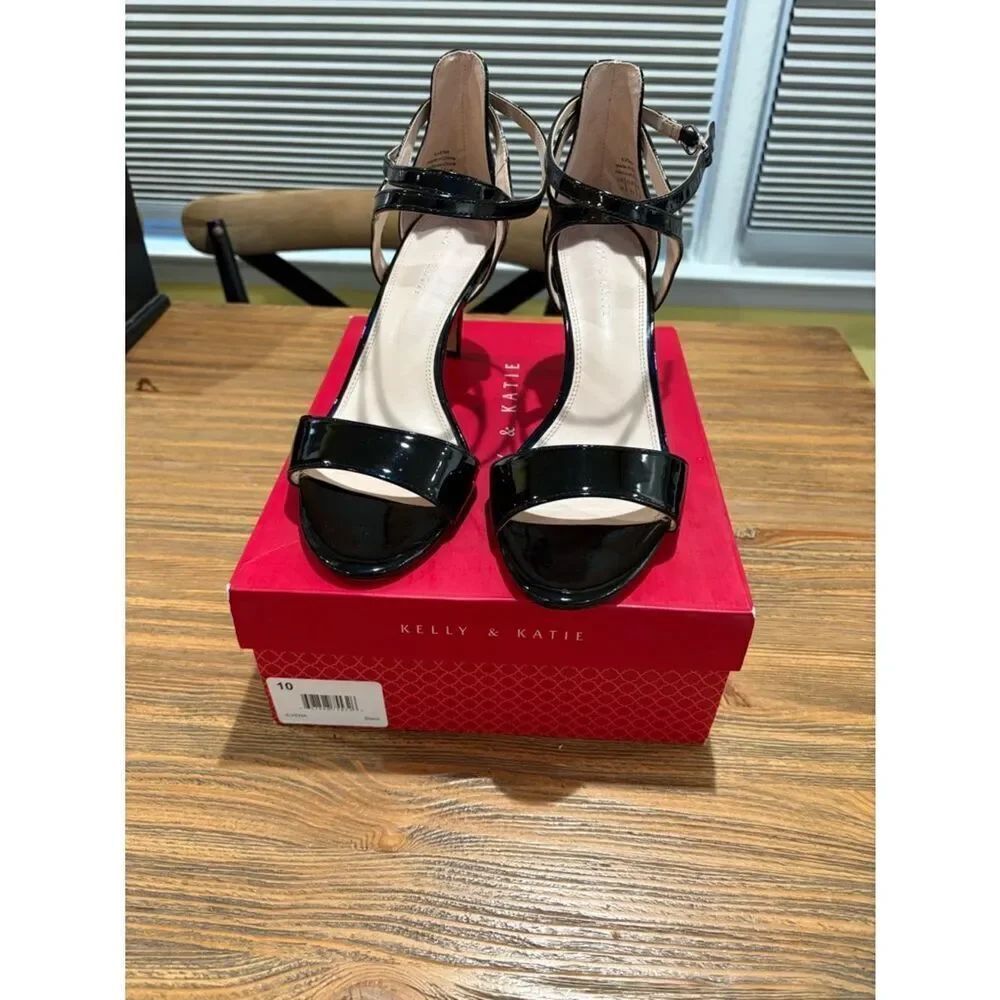 Kelly & Katie Black Patent Open-Toe Ankle Strap Heels